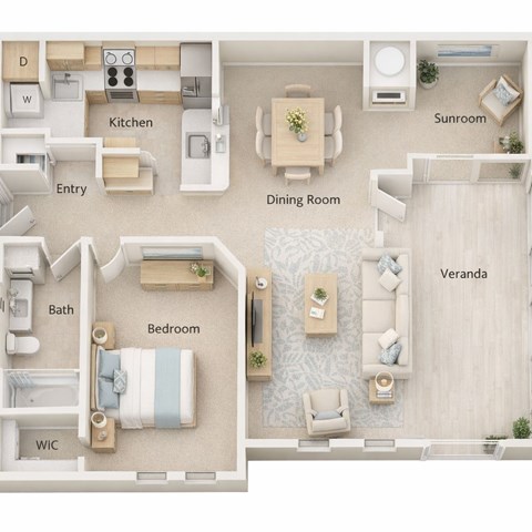 Floor plan for 1 bed, 1 bath, 884 sqft